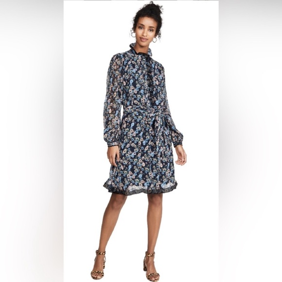 Tory Burch Deneuve Floral Ruffle-Neck Long-Sleeve Plisse Dress Size 2 $398 - Picture 2 of 6